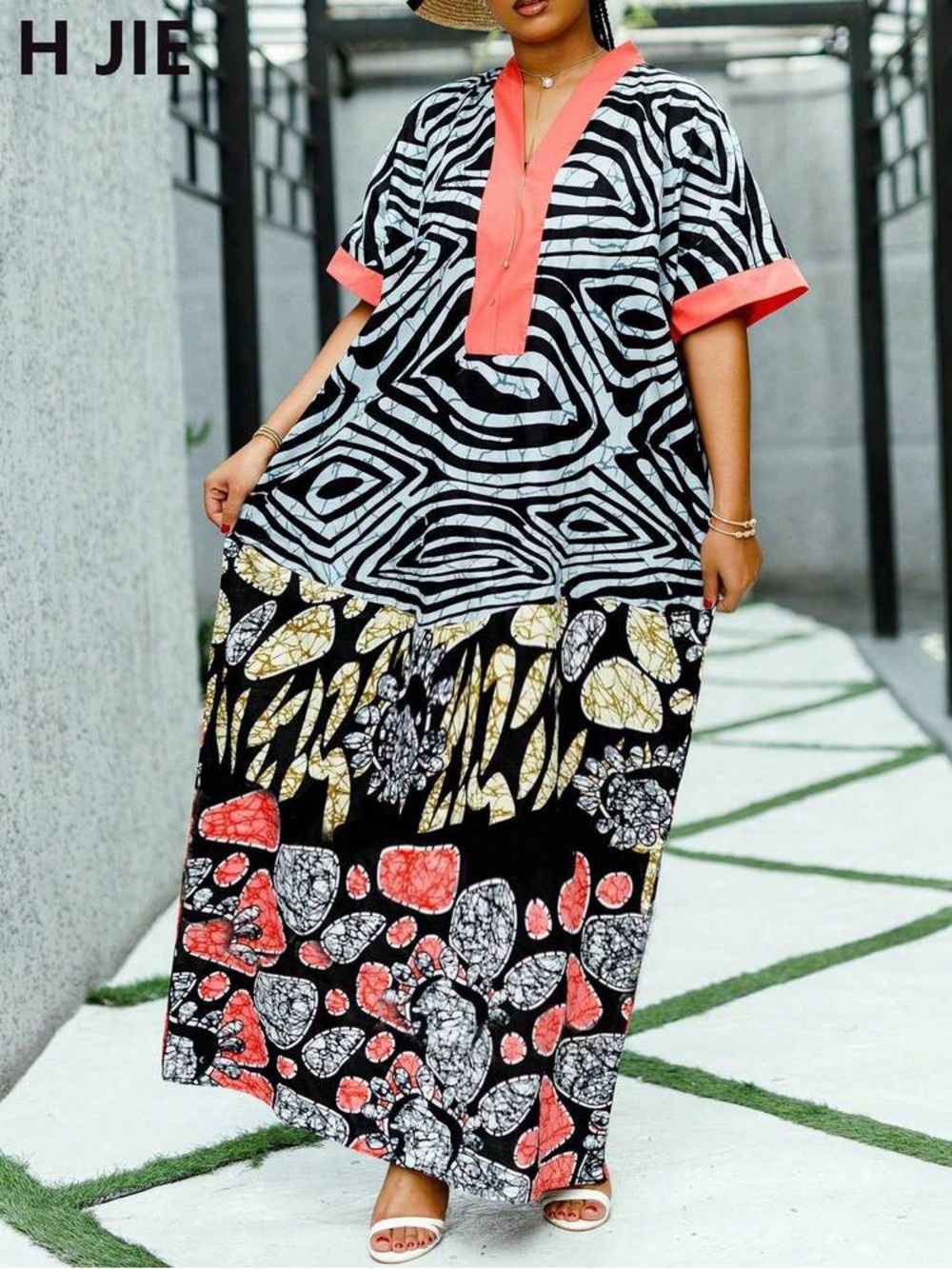 SHEIN Colorblock Abstract Maxi Dress with Coral Trim